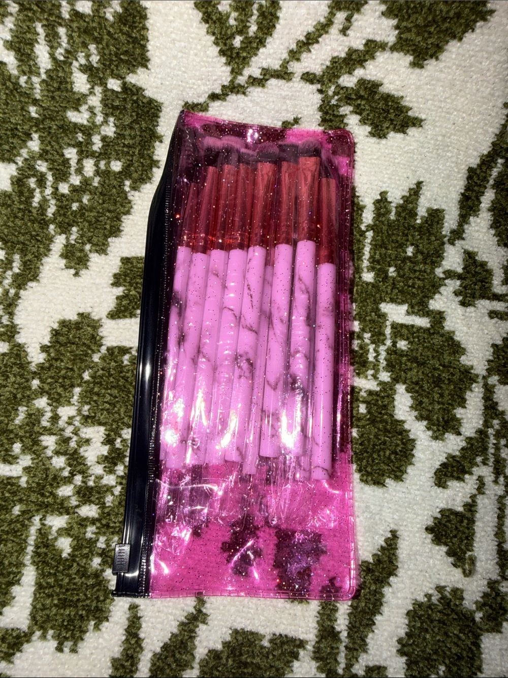 Pink Marble Blush Pencil Set with Glitter Travel Pouch
